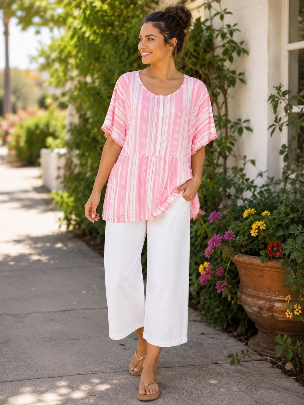 Lane Bryant Pink White Striped Rayon Babydoll Tunic Top Size 18 NWT